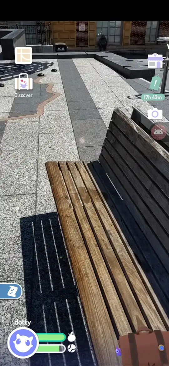 The pet appearing on a park bench and settling onto the slats at the height and angle of the seat