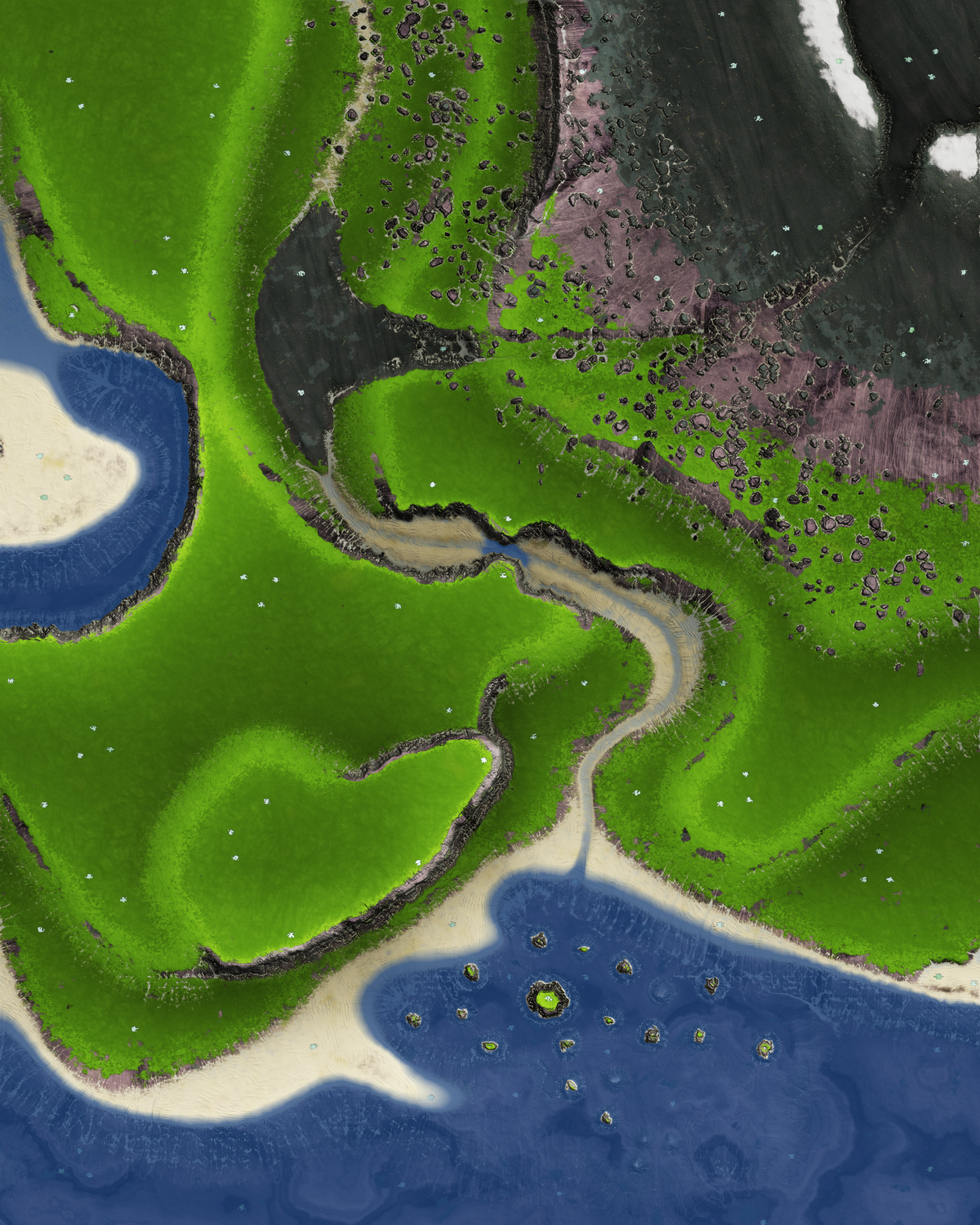 The Pyroclast heightmap in full: green lowlands and pale beaches in the south-west, black and violet volcanic rock in the north-east, split by a winding river