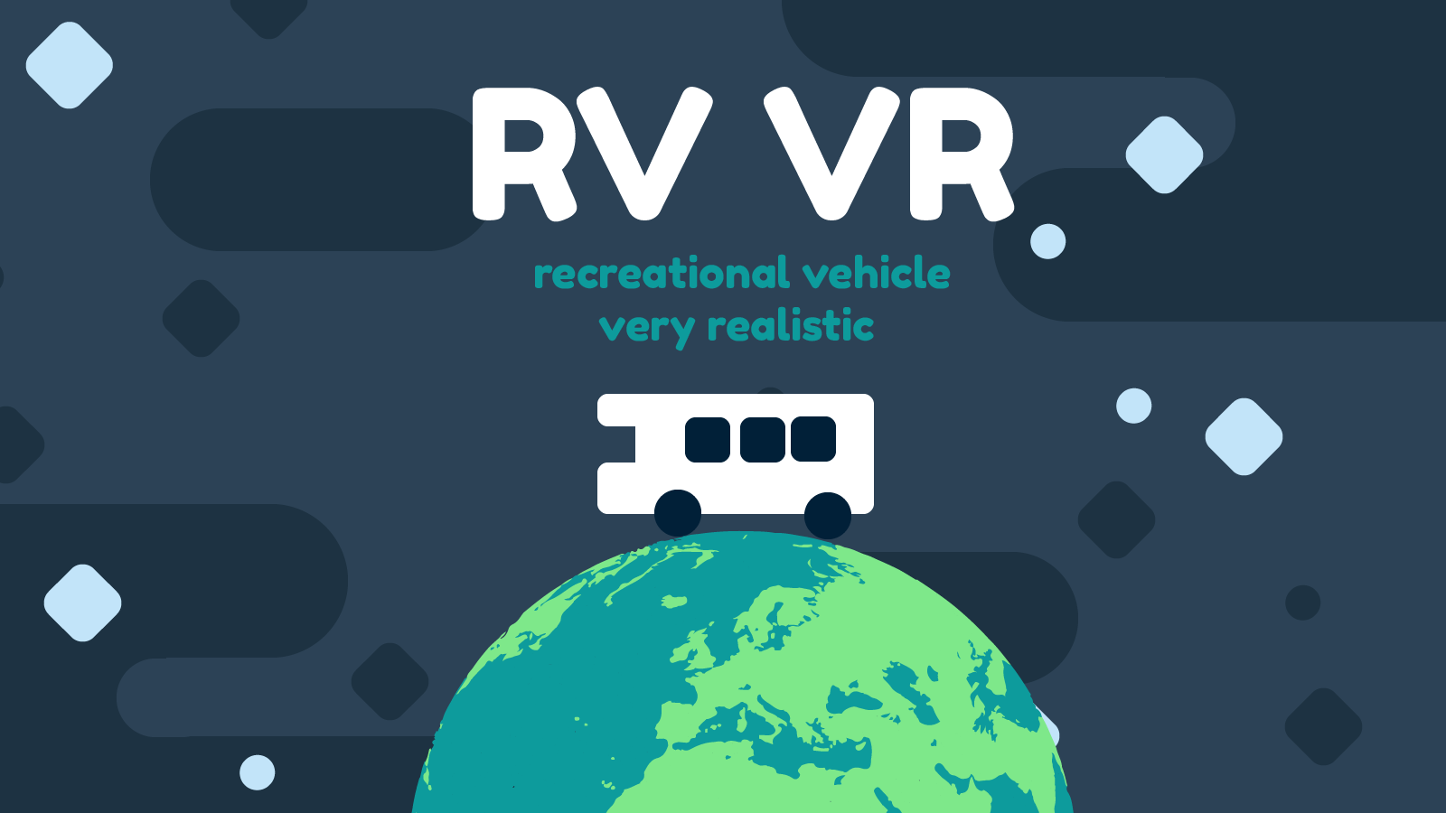 The RV VR logo, a white camper van driving over the Earth, subtitled "recreational vehicle very realistic"