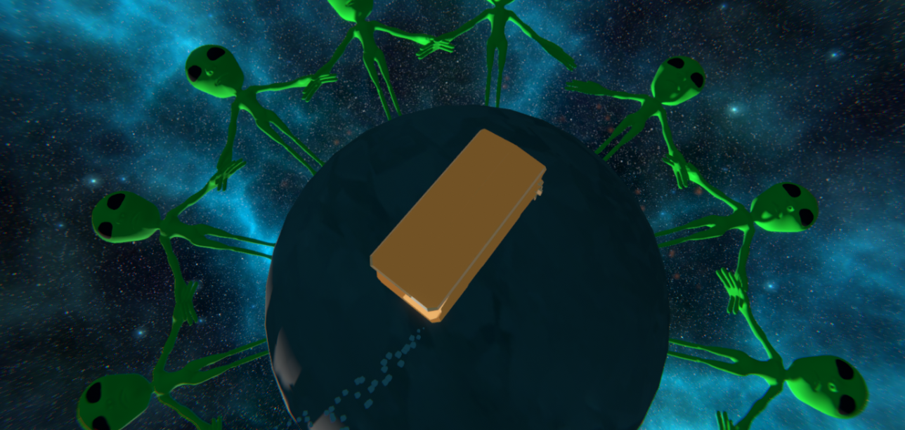 A ring of green aliens surrounding a dark planet with the RV parked on its surface