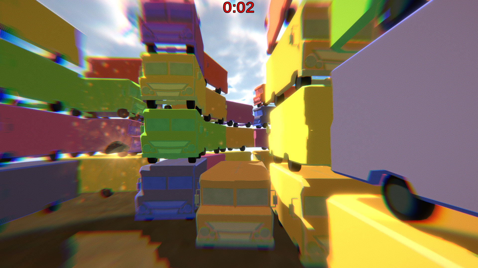 A first-person view careening through a canyon of stacked, brightly coloured trucks